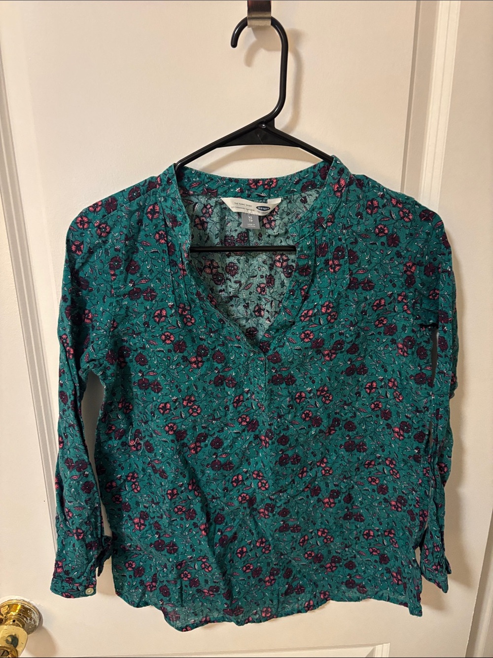 Old Navy Teal Floral V-Neck Blouse with Pink and Black Flowers